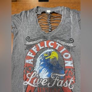 American Customs By Affliction Large Gray Cutout Braid Tee Shirt